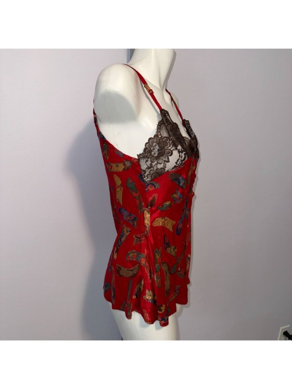 Vintage 90s Western Camisole M Cowboy Boot Graphic Coquette Grunge Red Lace Cami - Picture 4 of 6